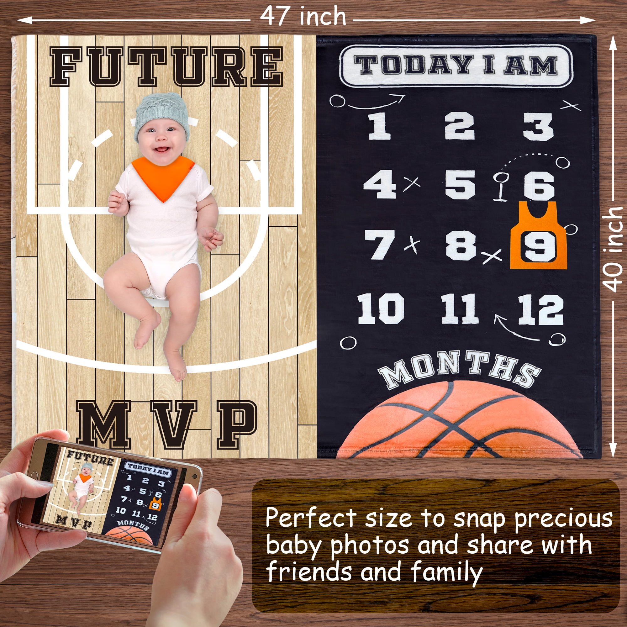 Baby Monthly Milestone Blanket Boy / Girl | Basketball Theme | Includes Frame and Bib | Large 47"x40" | Personalized Baby Swaddle?