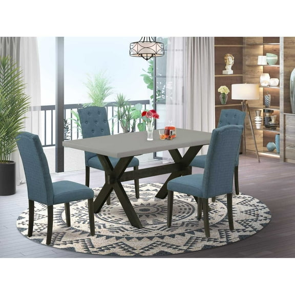 East West Furniture X696CE121-5 5-Pc Kitchen Dining Room Set - 4 Dining Padded Chairs and 1 Modern Cement Kitchen Table Top with Button Tufted Chair Back - Wire Brushed Black Finish