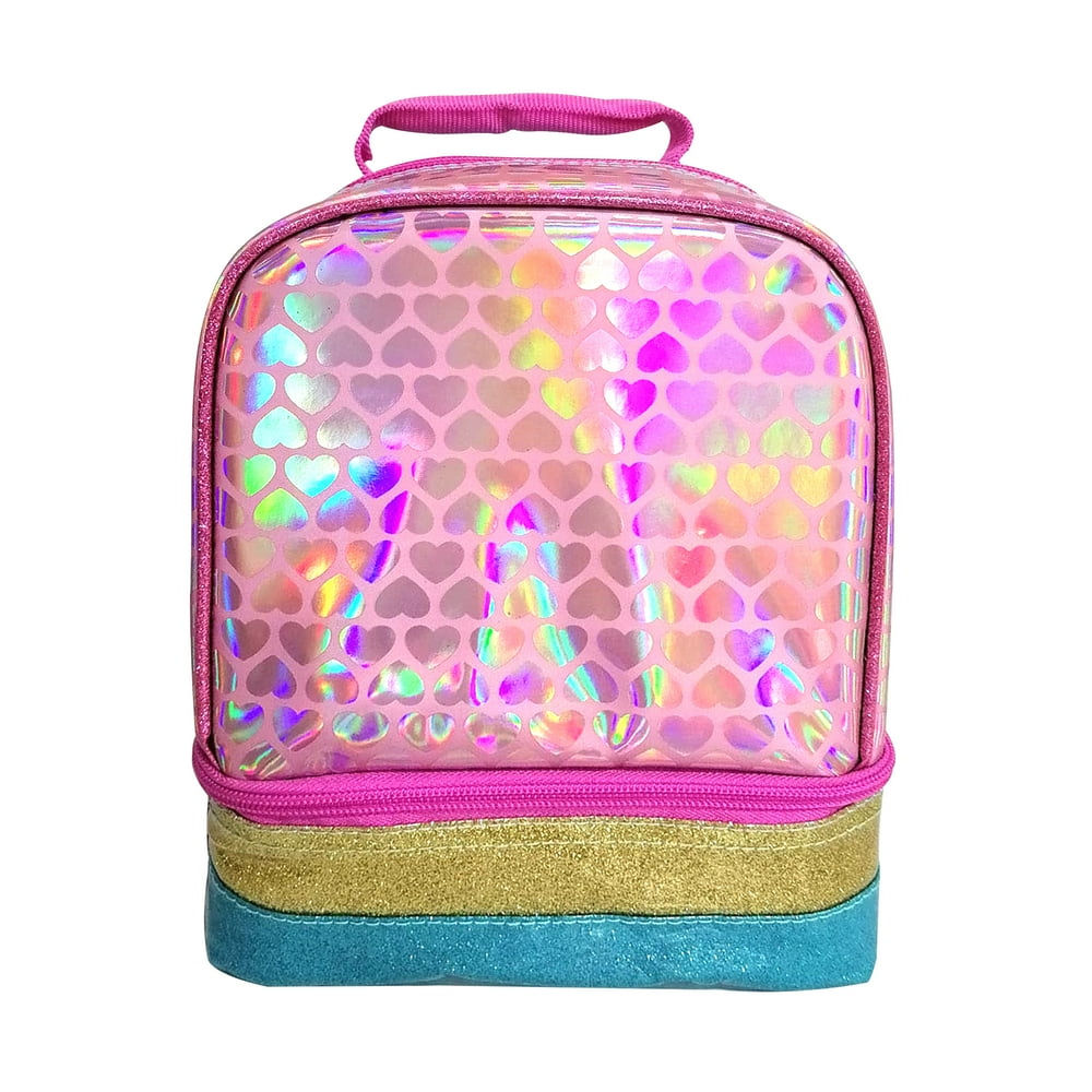 Kids Heart Aop Dual Compartment Drop Bottom Lunch Bag For Girls
