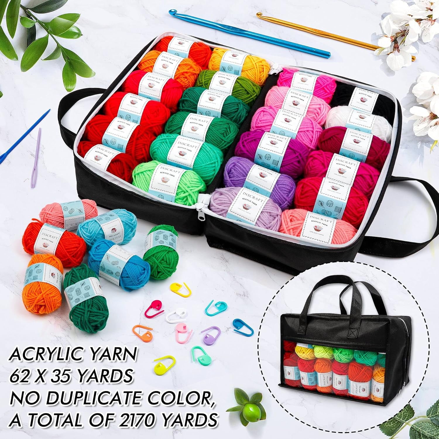 67 PCS Crochet Yarn Kit, 2080 Yards 52 Colors Acrylic Yarn Skeins, 2 Crochet  Hooks, 2 Weaving Needles, 10 Stitch Markers, 1 Bag, Yarn for Crocheting &  Knitting - China Acrylic Yarn