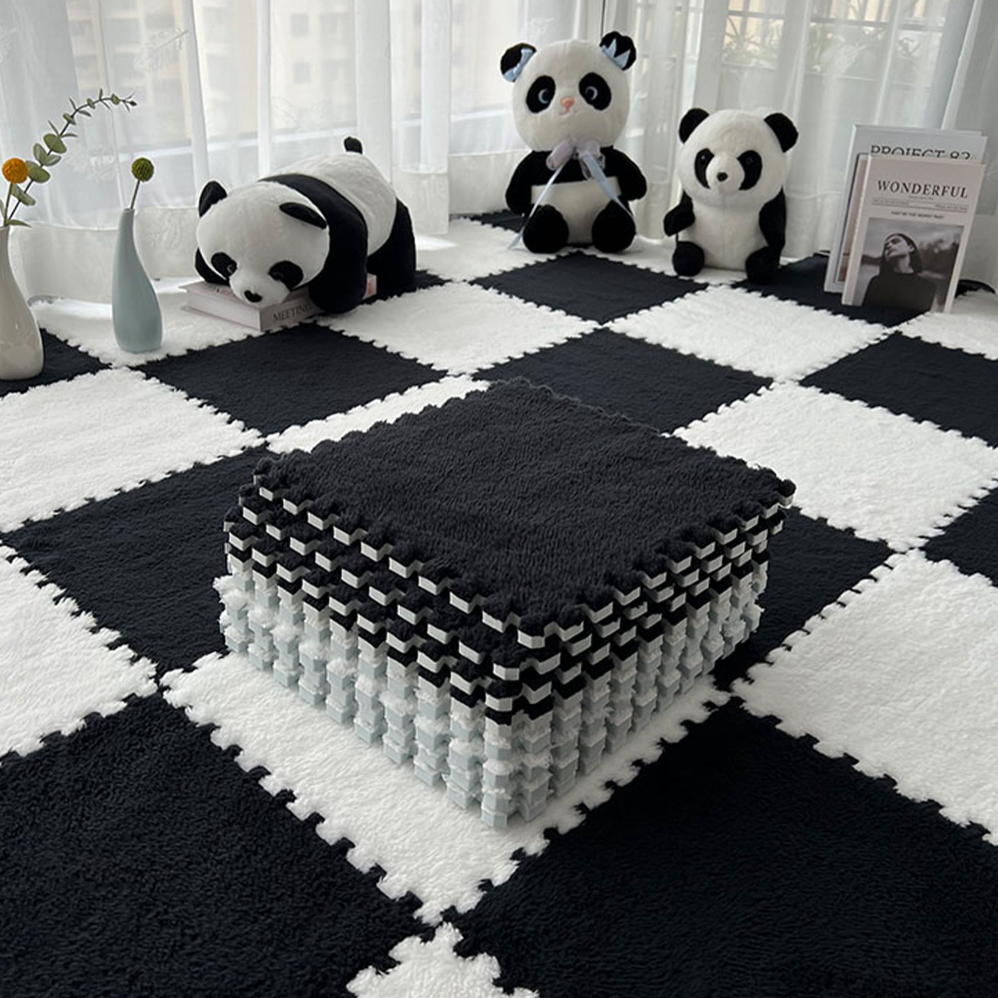 Interlocking Carpet Shaggy Soft EVA Foam Mats Fluffy Square Thickened Plush Tiles Protective Floor Tiles Exercise Play Mat for Children Kids Room Home Parlor Bedroom (Black, 12 Pcs)