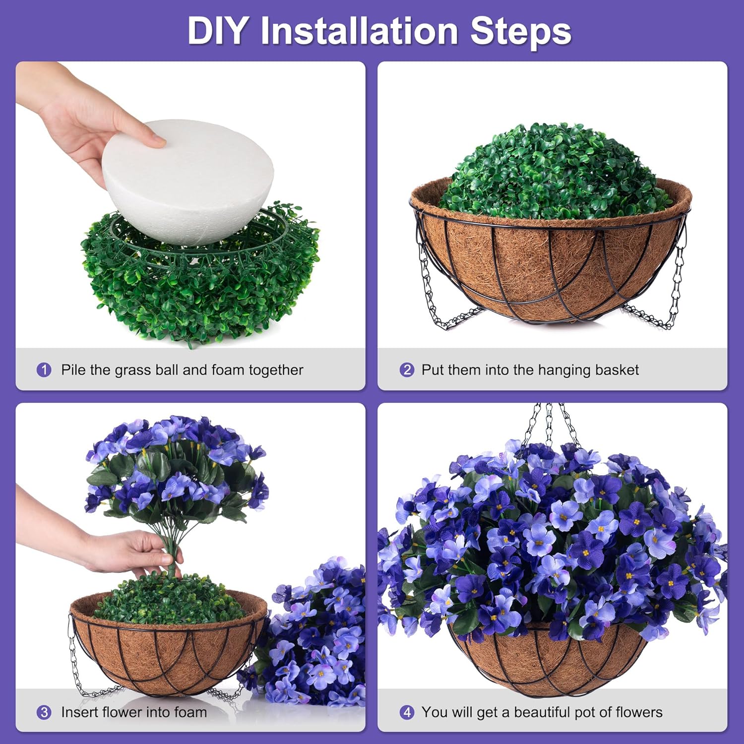 Artificial Hanging Flowers with Basket Outdoor Spring Summer Decor, Fake Hydrangea UV Resistant Arrangements in Pot Planter Decor for Indoor Porch Garden Yard (Double Blue)