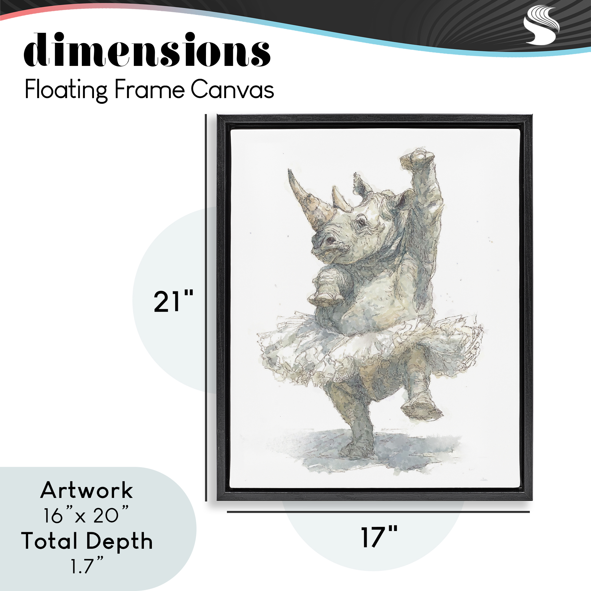 Ballet Rhino Tutu Black Framed Floater Canvas Wall Art, design by Ziwei Li