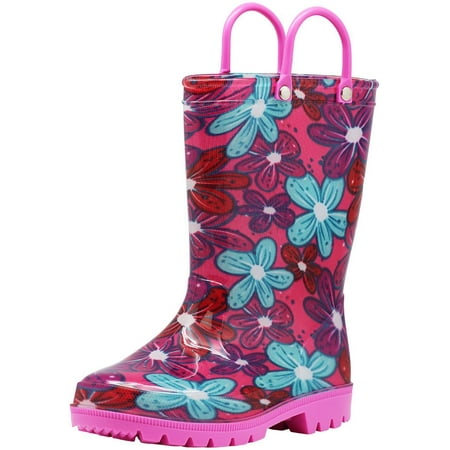 Norty Little Big Kids Girls Waterproof PVC Light Up Rain Boots, 41279 Pink Flowers / 12MUSLittleKid