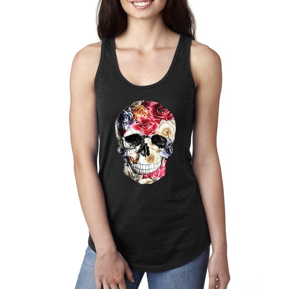 Roses Skeleton Face Floral Skull Fashion Ladies Racerback Tank Top, Black, Small