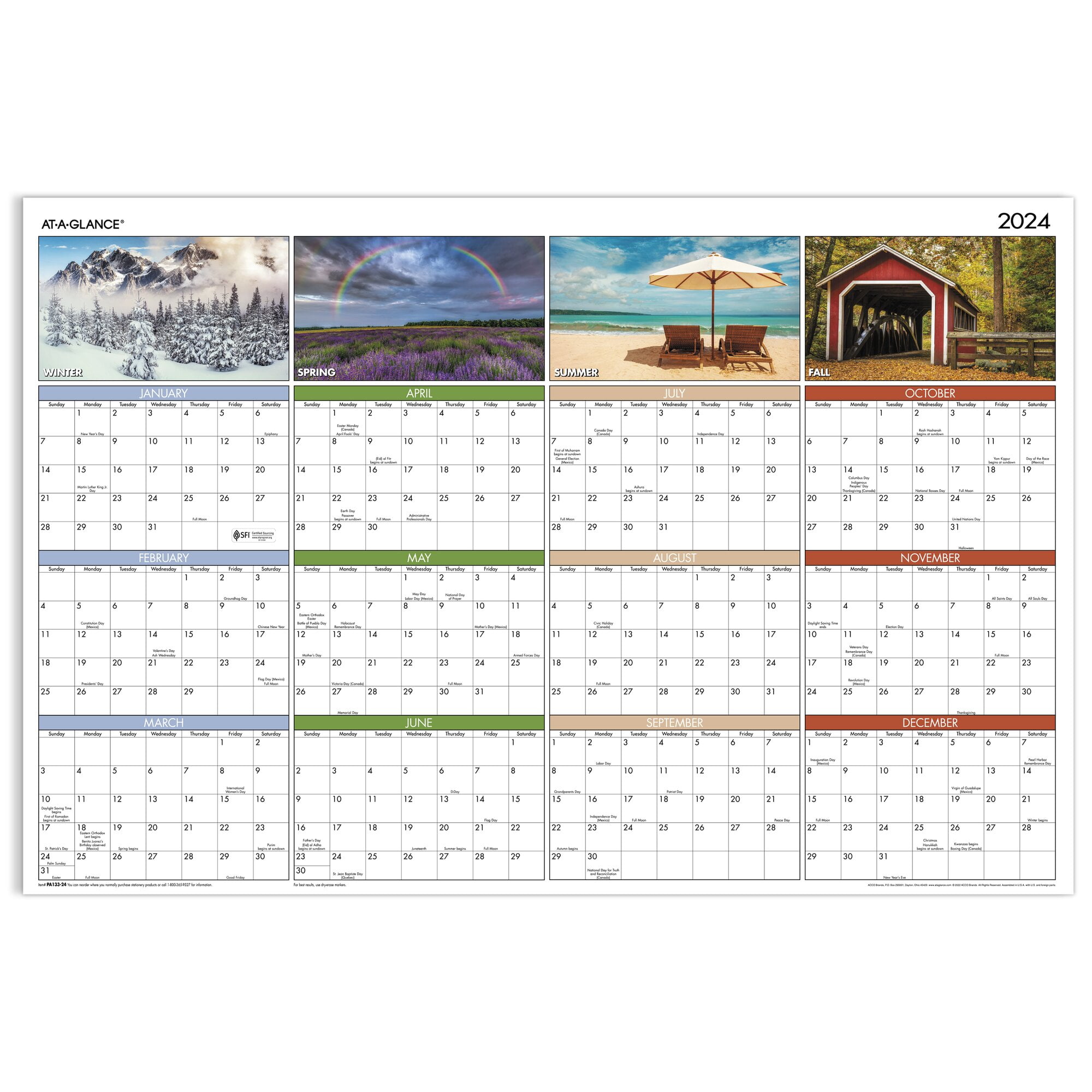 AT-A-GLANCE 2024 Seasons in Bloom Horizontal Vertical Erasable Yearly ...