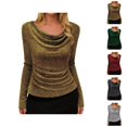 thumbnail image 1 of Womens Sparkle Top 2026 Spring Trendy Long Sleeve Cowl Neck Stretch T Shirts Going out Tops Rave Outfits, 1 of 8