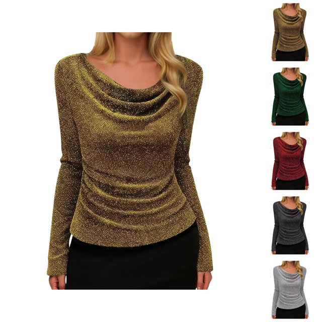 Womens Sparkle Top 2026 Spring Trendy Long Sleeve Cowl Neck Stretch T Shirts Going out Tops Rave Outfits