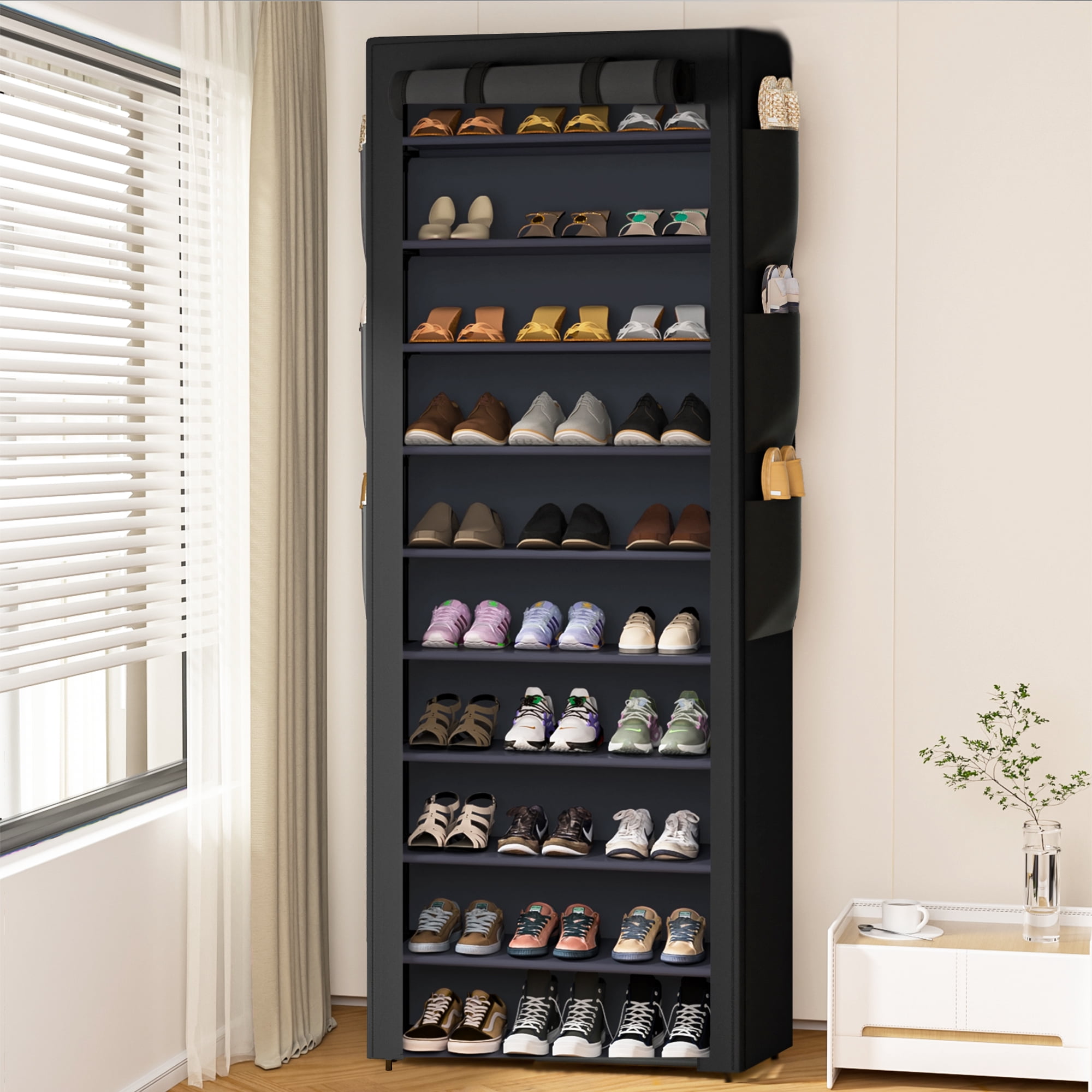 10 Tier Large Dustproof Shoe Cabinet, Tall Shoe Storage Rack with Fabric Cover, Large Capacity Save Space Shoe Shelf for Entryway Closet with pockets