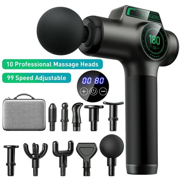 Massage Gun Deep Tissue, Muscle Percussion Back Neck Head Handheld Hammer Massager for Athletes, 99 Speed Level with LED Display Screen, Long Battery Life with 10 Heads