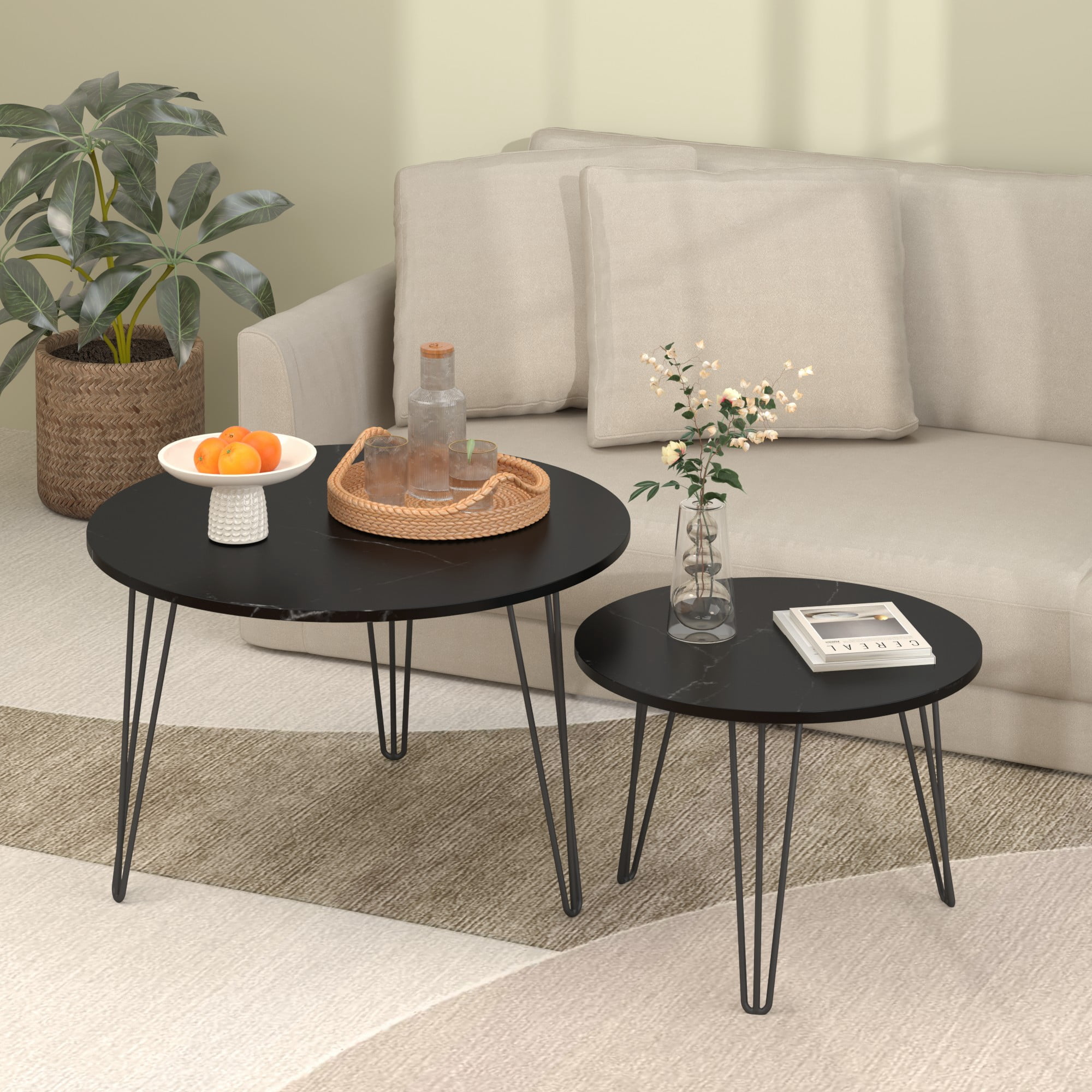 27.56'' Round Nesting Coffee Table Set of 2,Wooden End Table Set, with Metal Base for Living Room,Bedroom,Black