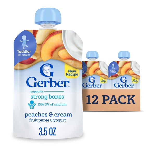 Gerber Snacks for Toddler, Fruit and Yogurt Peaches and Cream, 3.5 oz Pouch (12 Pack)