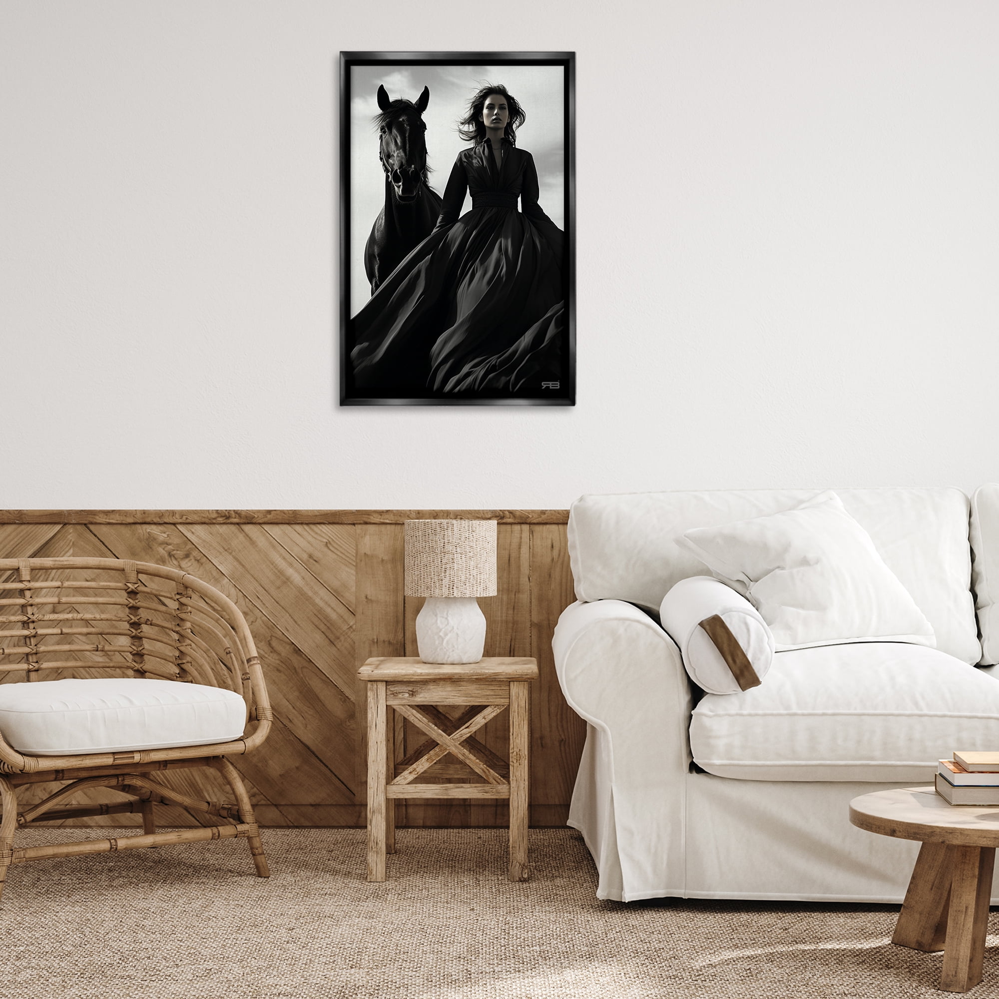 Stupell Industries Trendy Woman with Horse People Painting Black Floater Framed Canvas Art Print Wall Art, 21 x 31