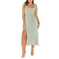 thumbnail image 1 of Sedceaty Women's Casual Dress Solid Color Double Side Tie Sling Bottom High Slit Ruffle Hem Long Dress, 1 of 9