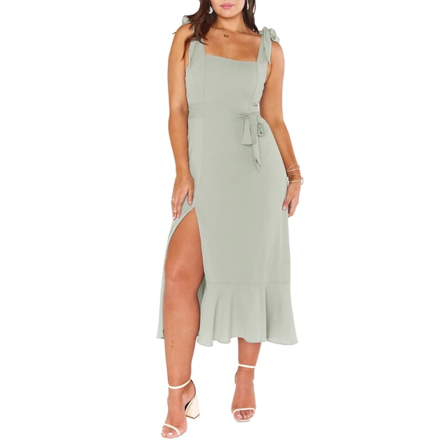 Sunloudy - Vestido informal para mujer, color sólido, doble lazo lateral, parte inferior con tirantes, abertura alta, dobladillo con volantes, vestido largo Sunloudy moda