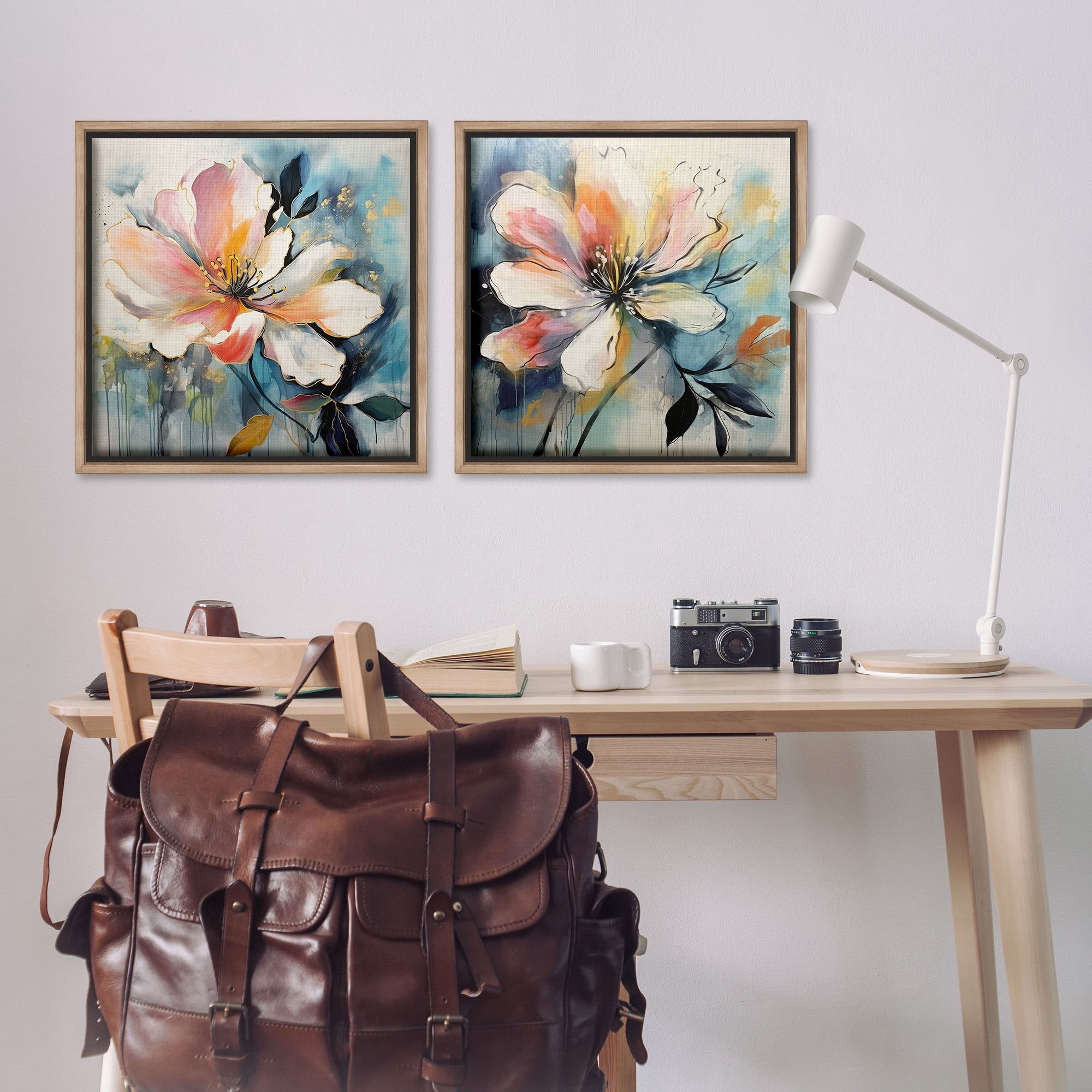 Stupell Industries Modern Dripping Blooms Botanical & Floral Painting Brown Floater Framed Canvas Art Print Wall Art, 25 x 25, Set of 2