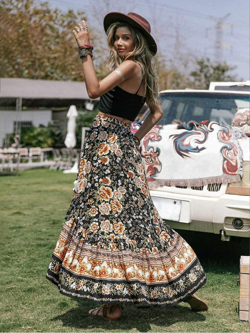 Women Boho Floral Print Wrap Skirt Elastic Waist Long Skirts Dress Split  Ruffle High Low Beach Maxi Skirt - Walmart.com