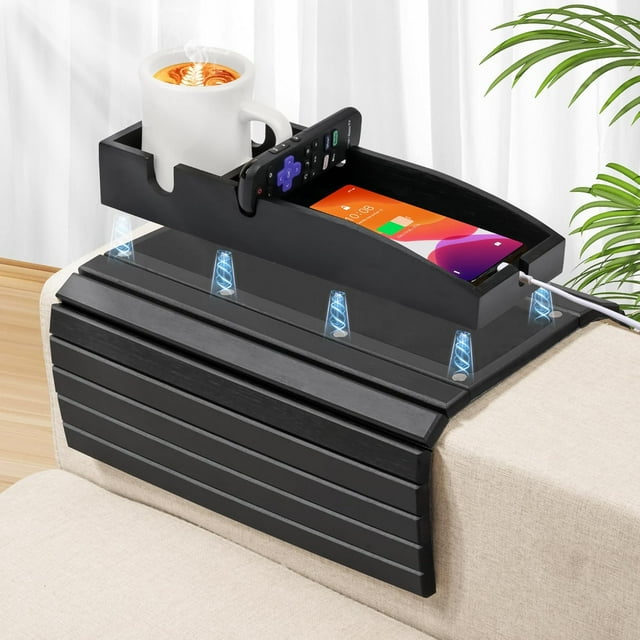 Joy&Grace Couch Arm Tray inMagnetic Detachable Couch Cup Holder Bamboo Sofa Armrest Table with Slip Pad Sofa Armrest Tray Table (Color Natural)