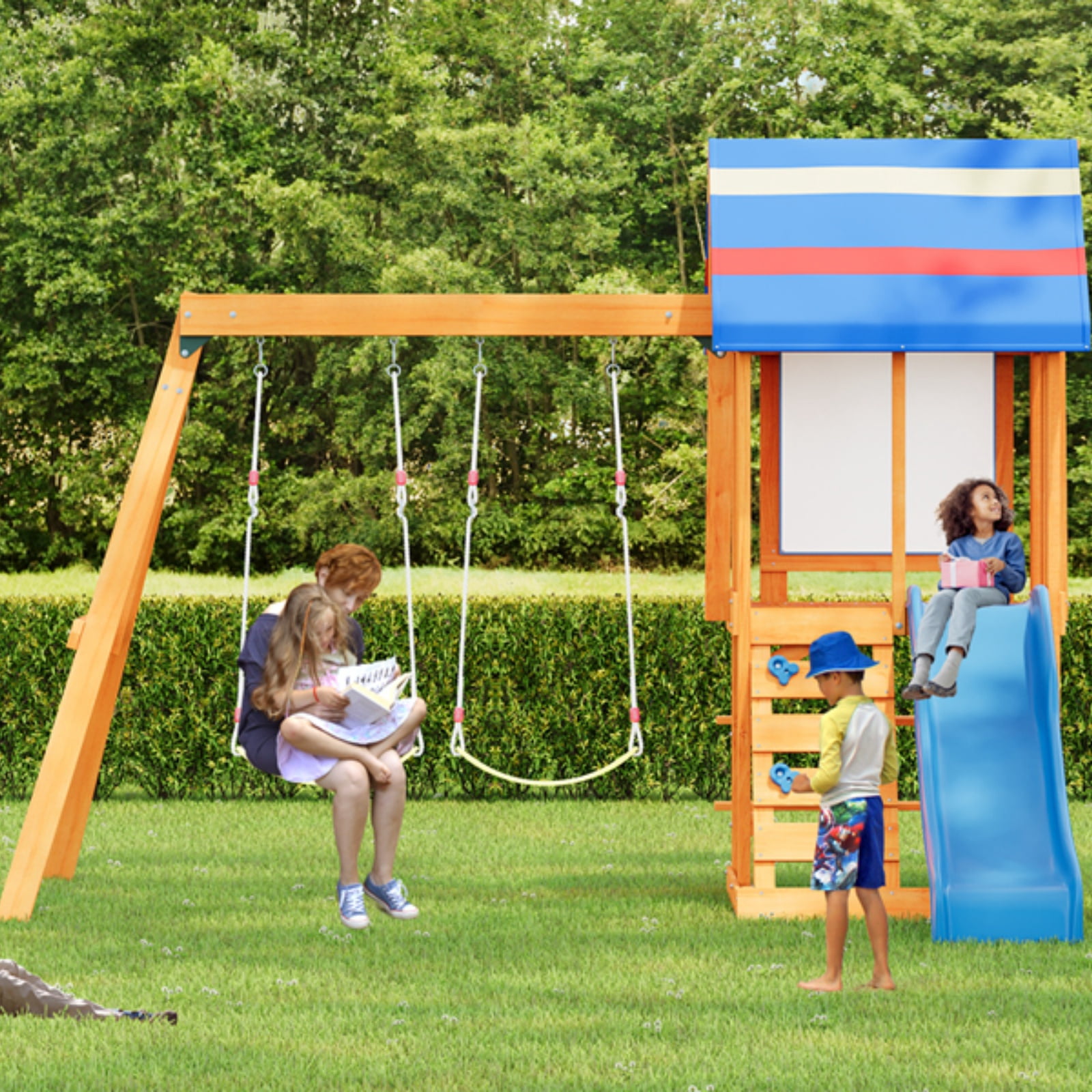 Wooden Outdoor Swing Set 3 In 1 Swing Set Outdoor Children's Playset With Slide , 2 Swings And Climber For Garden, Backyard And Playground, Blue,Blue