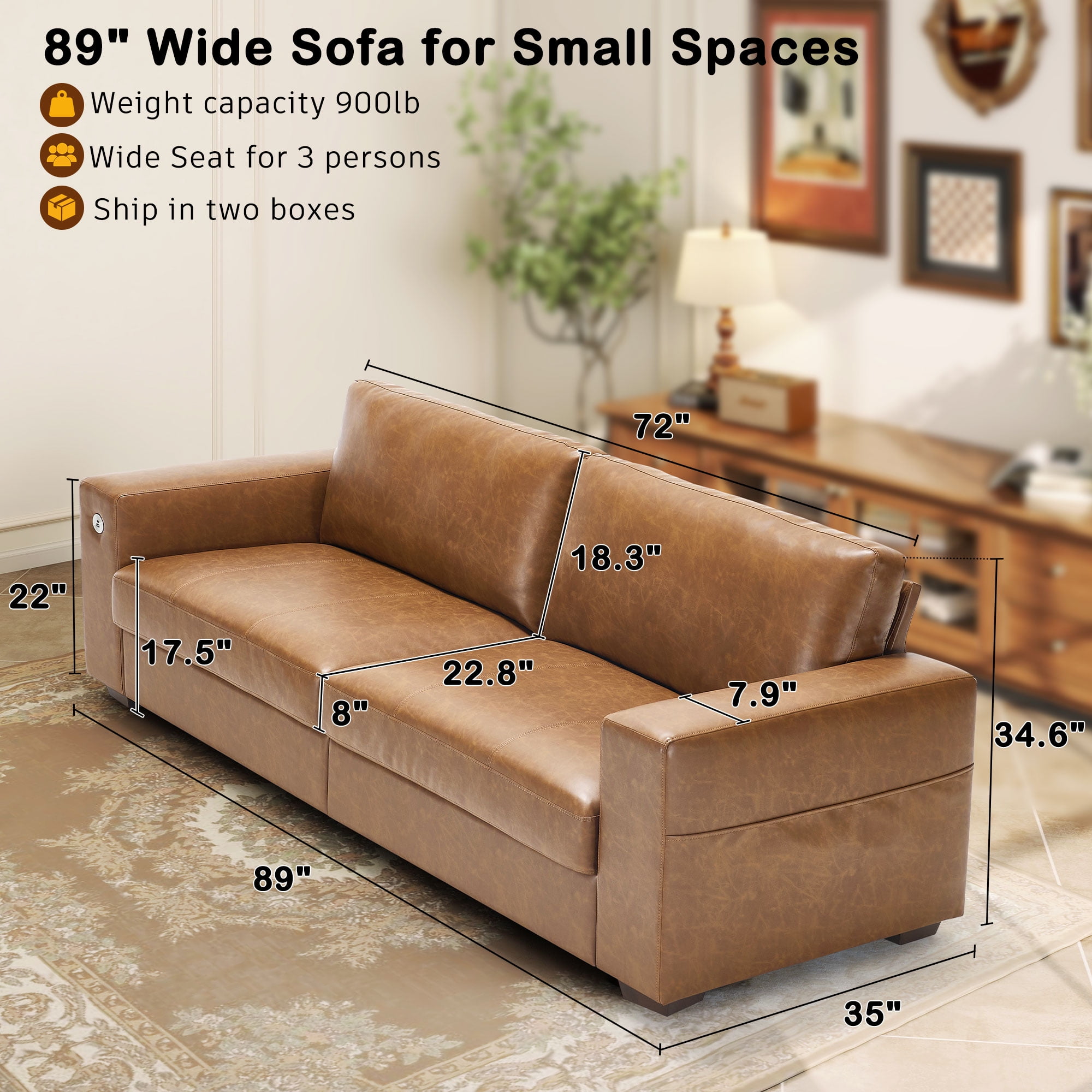 その他 CabCallawayACMEFurnitureDELMAR SOFA3P Bedluxury 89'' PU Leather Sofa for Living Room, Modern Deep Seat