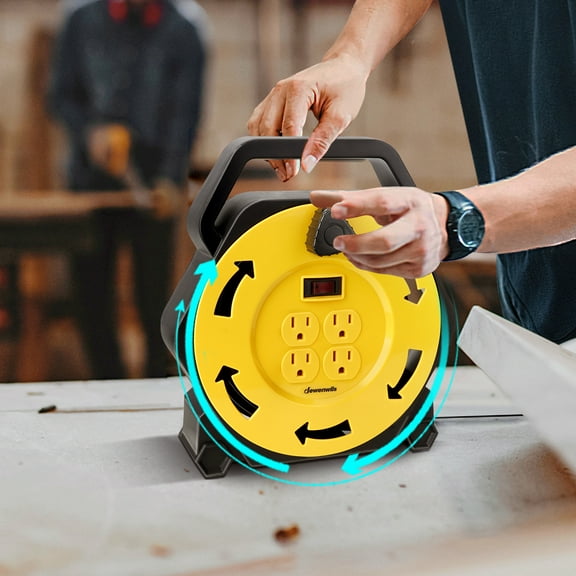 25ft Retractable Extension Cord Reel with 13A Circuit Breaker, 16AWG SJTW Cable, Quick-Release Lever & Overload Protection for Workshop, Construction & Home - Heavy-Duty, Ergonomic Handle