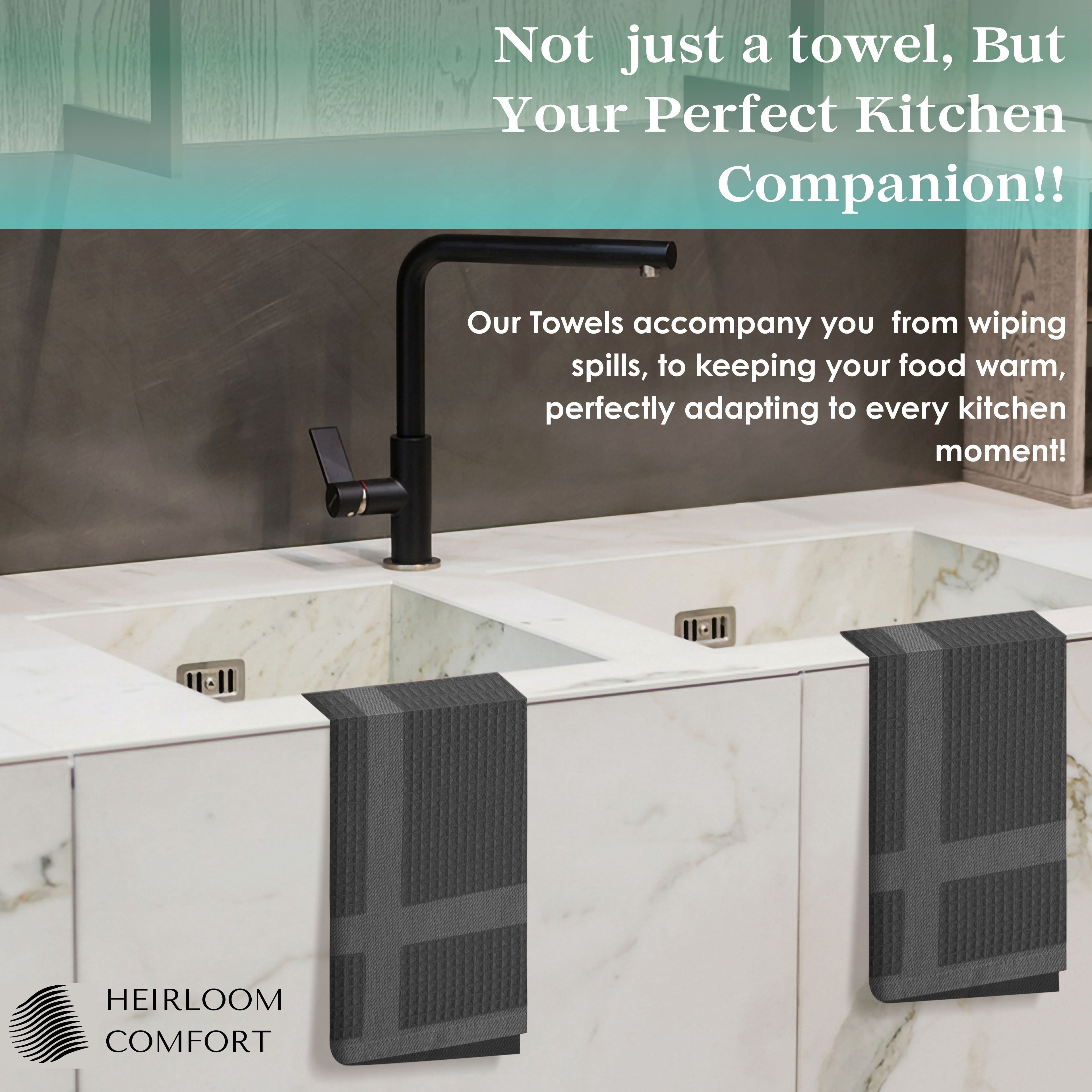 HEIRLOOM COMFORT 100% Cotton Kitchen Towels, 16"x26", 12 Pack, Waffle Weave, Absorbent, Fast Drying Dishcloth Set for Cleaning, Hand Towels, Dish Rags, Wash Cloth, Durable, Machine Washable, Gray
