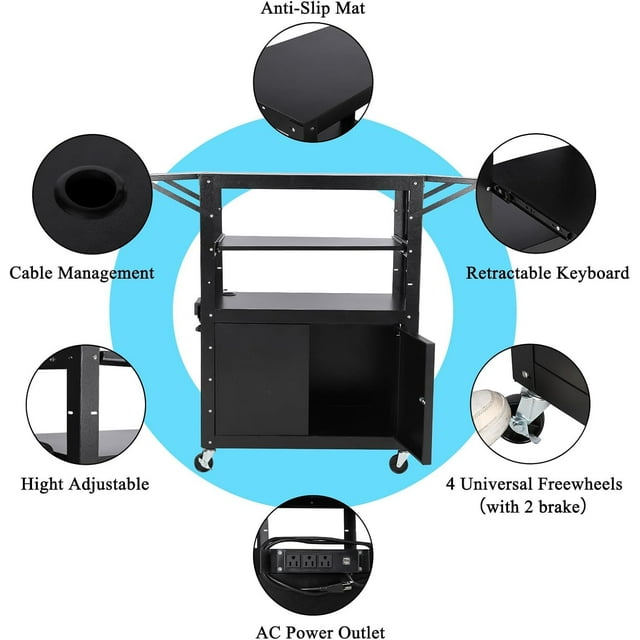 GloryStar Av Cart with Lockable Cabinet, Height Adjustable 24-42", Non-Slip Mat, 100 Lbs Capacity, Mobile Workstation with Extra Storage Space, Power Strip