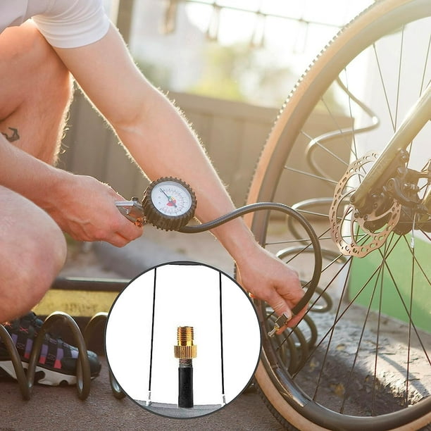 4 Pack Bike Tire Inflation Valve Adapter with Manual Inflator or Air Compressor Converts Presta Valve Thin to Schrader Valve Coarse from SV to