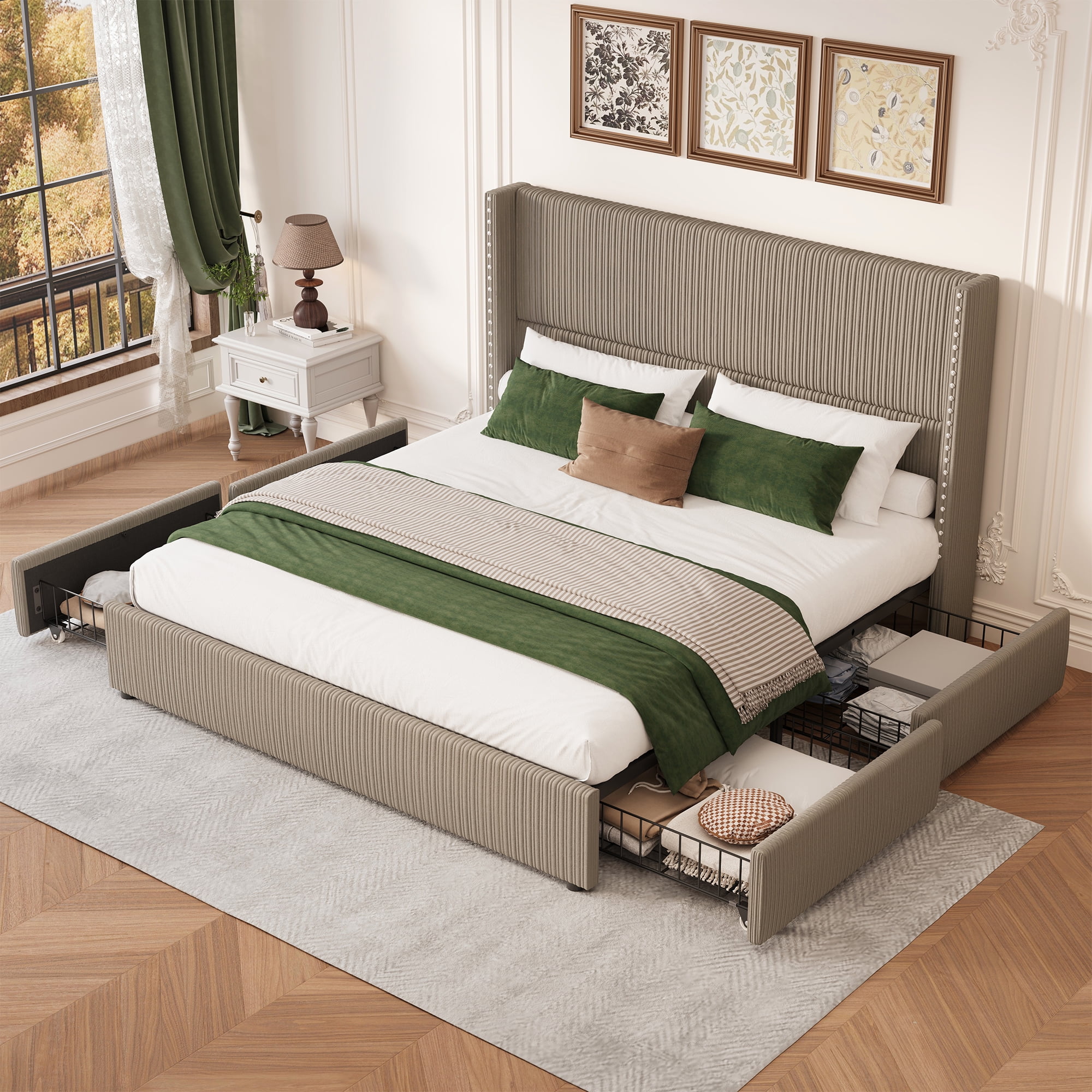 Larmace Upholstered Corduroy Bed Frame King Size with 4 Storage Drawers,Platform Bed Frame with Vertical Stripe Wingback Headboard,Brown