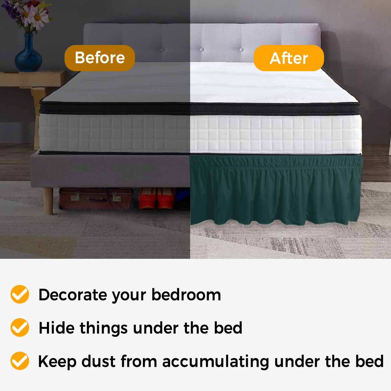 Bed Skirt Solid Color Adjustable Elastic Wrap-Around Dust Ruffle with Deep Green 18 Inch Drop, Bed Frame Cover for Queen Size Bed