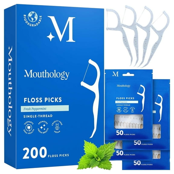 Mouthology Floss Picks, Wheat Straw Mint Dental Flossers, PFA-Free Tooth Floss Picks for Adults & Kids (200 Pack)