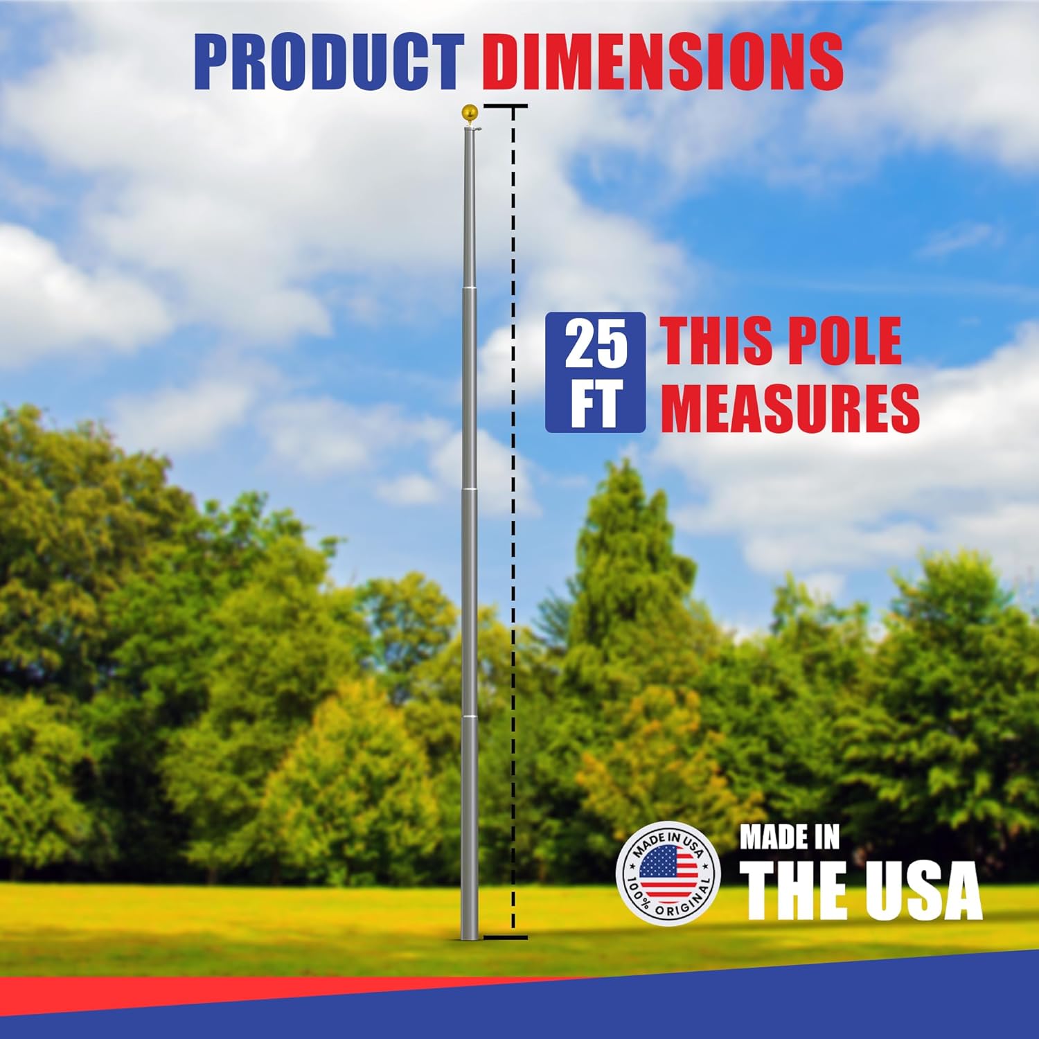 Super Tough USA-Made 25ft Heavy Duty Flag Pole for Outside House - Clear Anodized - Residential In-Ground Flagpole - 4-Section High-Grade Aluminum - Includes All Accessories