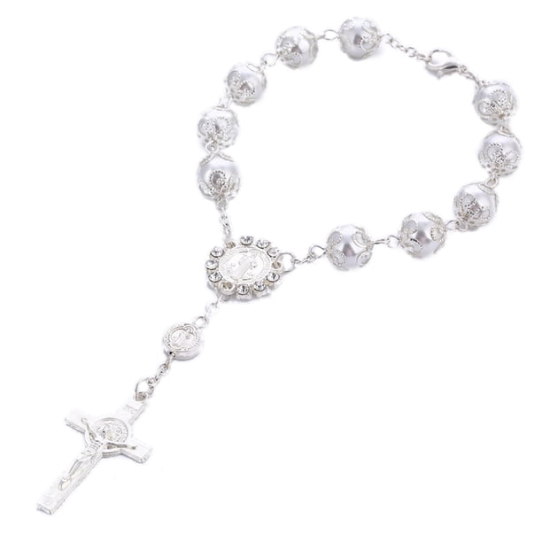 BRIGHTFUFU Pulsera Cruzada Cruzada Puerta Artificial Rosario Pulsera Joyería para Mujeres y Niñas (Plateado)