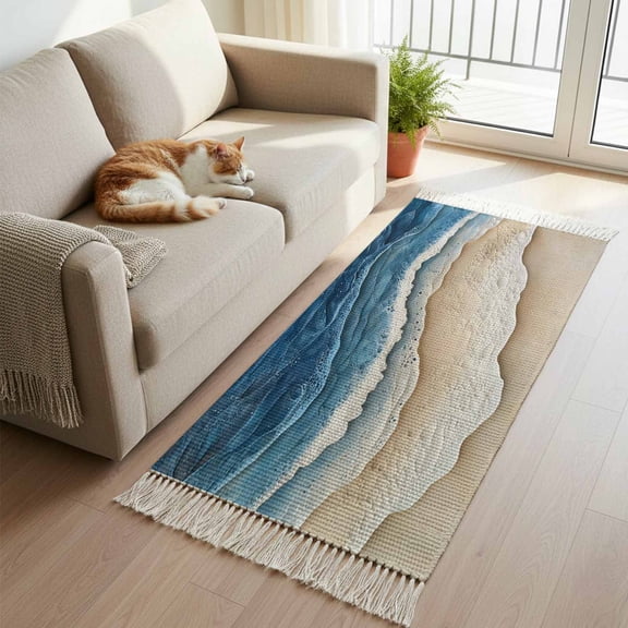Blue Beach Coastal Kitchen Runner Rug 2'x4', Nautical Seaside Ocean Beige Washable Rug with Tassels, Non Slip Woven Cotton Bathroom Rugs Hallway Carpet for Foyer Bedroom Entry Back Door Decor