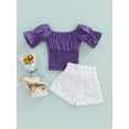 thumbnail image 4 of Franhais Girls Summer Three-Piece Outfits, Solid Color Short Sleeve Pleated T-Shirt + Ruffled Short Pants + Decorative Waist Belt, 4 of 8