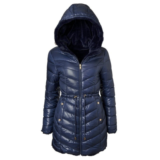 Manteau d'Hiver Réversible pour Femmes Doublé de Fausse Fourrure Matelassé - Marine - 1X