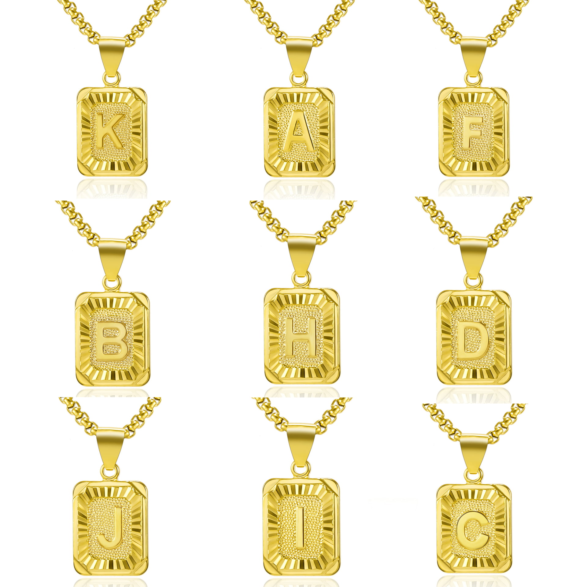Hermah 26 Gold Plated Square Capital Initial Letter Charm Pendant Necklace for Men Women Box Steel Chain 22inch 