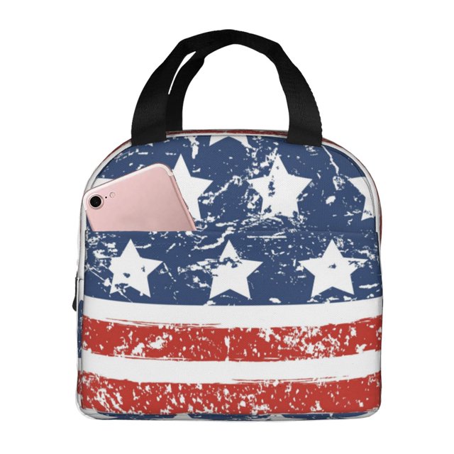 Fotbe USA Colors Stripes1 Bolsa Térmica con Estampado y Forro de Aluminio Grueso Bolsa de Almuerzo con Bolsillo Frontal para Hombres y Mujeres, Ideal para Trabajo, Escuela