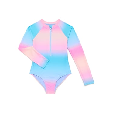 Wonder Nation Girls Zip Up Rash Guard One Piece Swimsuit with Long Sleeves, Sizes 4-16