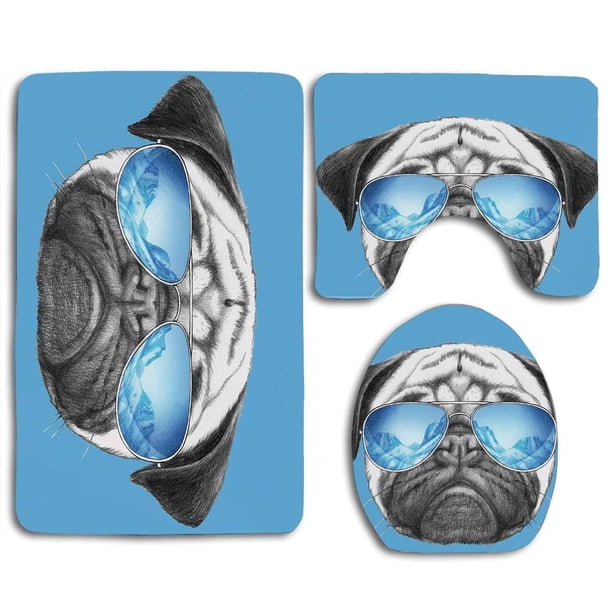 ABPHQTO Pug pug Retrato Espejo Gafas de sol Dibujado a mano Mascota Divertida perla Azul Negro Juego de alfombras de baño de 3 piezas Alfombra de baño Alfombra de contorno y tapa de inodoro ABPHQTO Cont-CHAPPLE-35142