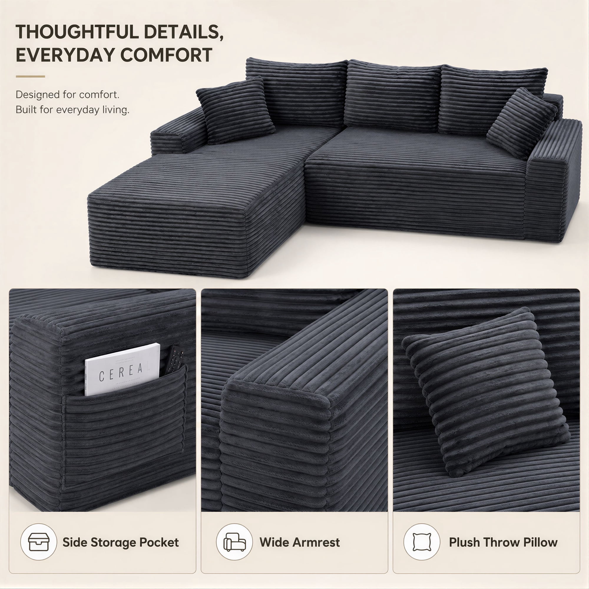 Aukfa 96" Cloud Sectional Couch, Modular L Shaped Boneless Sofa with Left Facing Chaise&2 Storage Pockets, Dark Gray