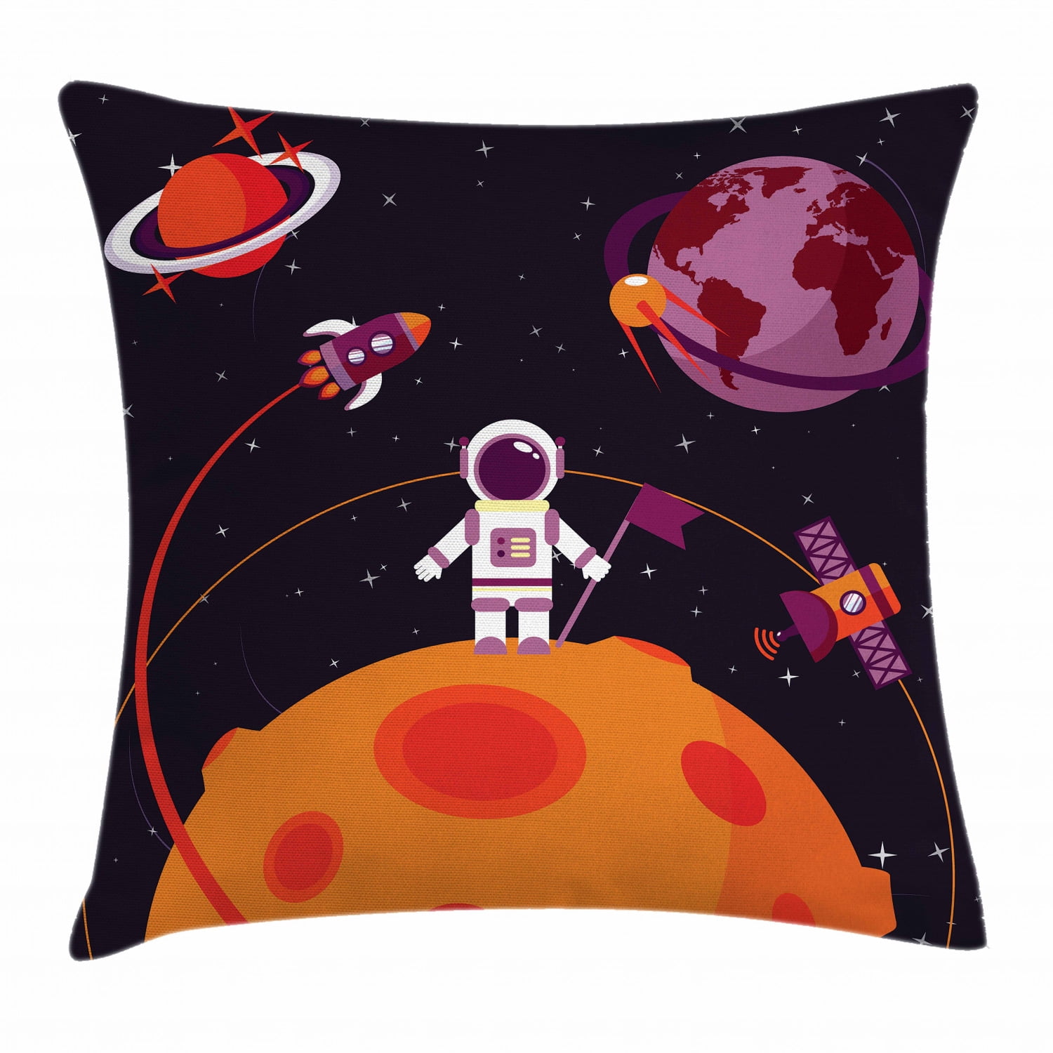 Space Throw Pillow Cushion Cover, Astronaut on the Moon and Rocket ...