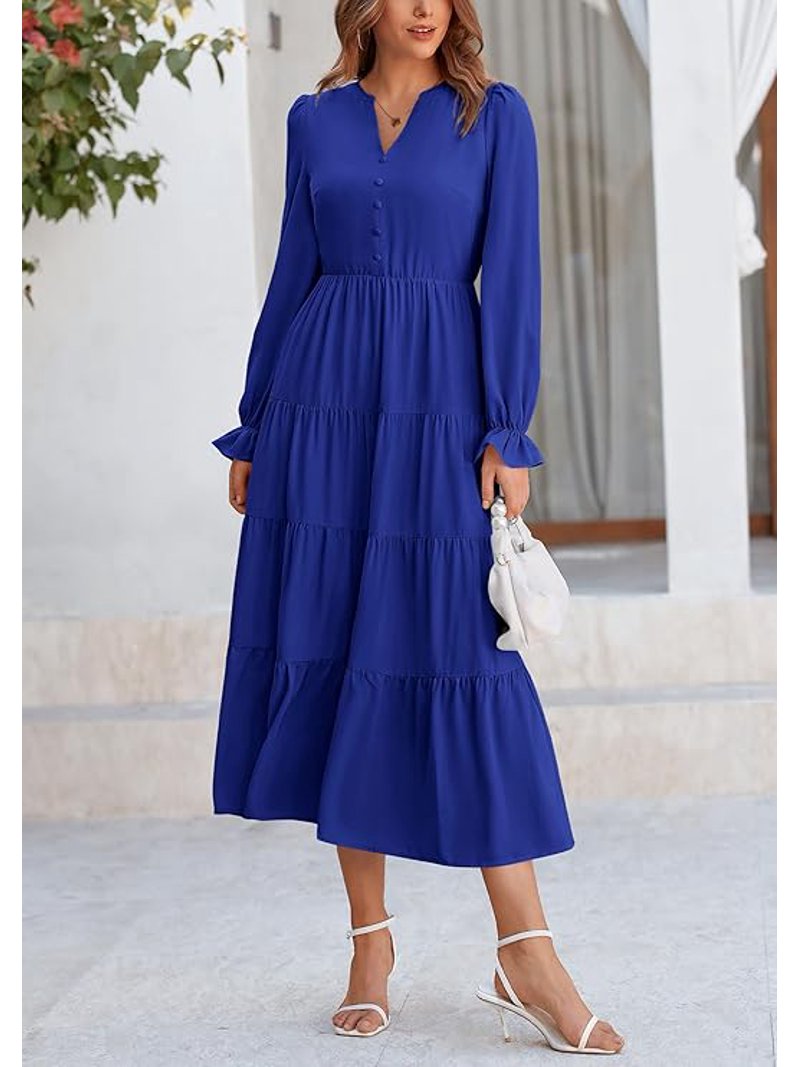 PRETTYGARDEN Women's Fall Maxi Dress - Long Sleeve V-Neck, Button-Down Tiered Dress With Pockets