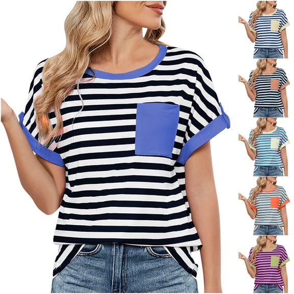 Antinious Summer Tops for Women Trendy,Sweatshirt for Women,Ladies Crewneck Short Sleeve Pullover Striped Pocket Casual,Blue,S