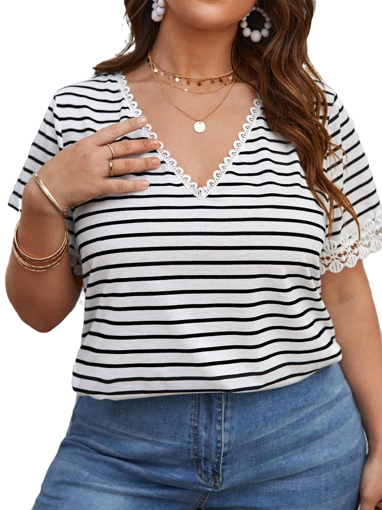 Women's White Striped V neck Casual Short Sleeve Plus Size T-shirts ...