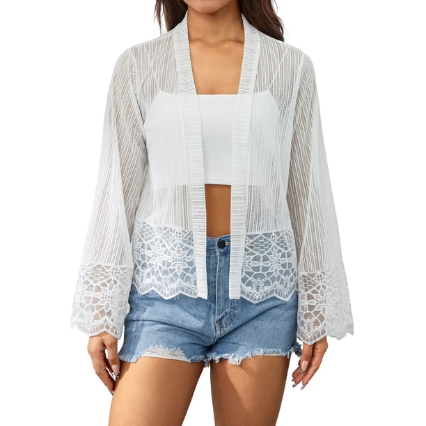 Txlixc - Blusa floral de encaje frontal abierto de manga larga para mujer primavera verano Txlixc Moda