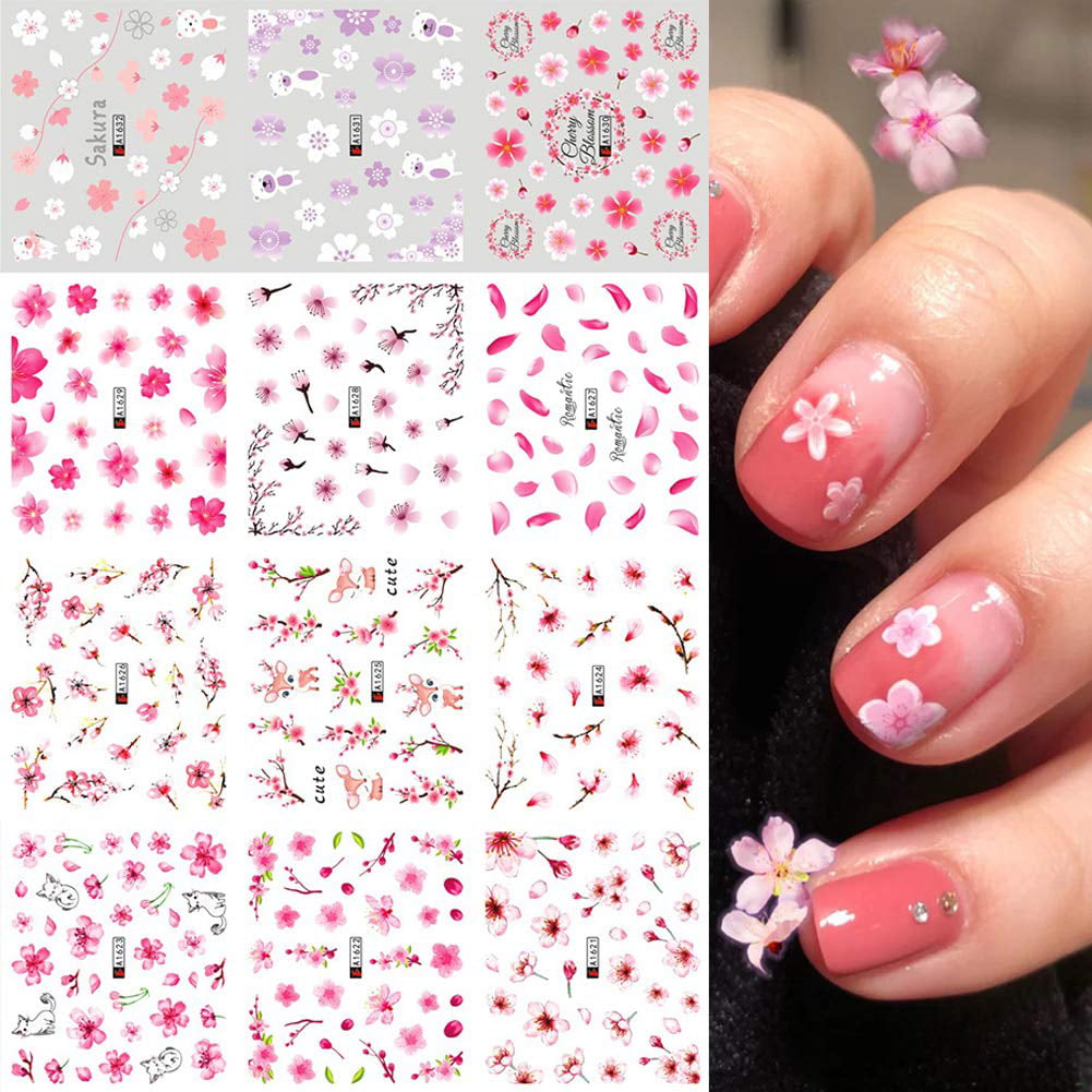Sakura Nail Water Stickers Decals Pink Cherry Blossoms Tree with Leaves Nail  Art Sliders Summer for Nail Art Decoration Watermark Flower Designs Foil  Nail Art Stickers Manicure Tips Decorations 12PCS 