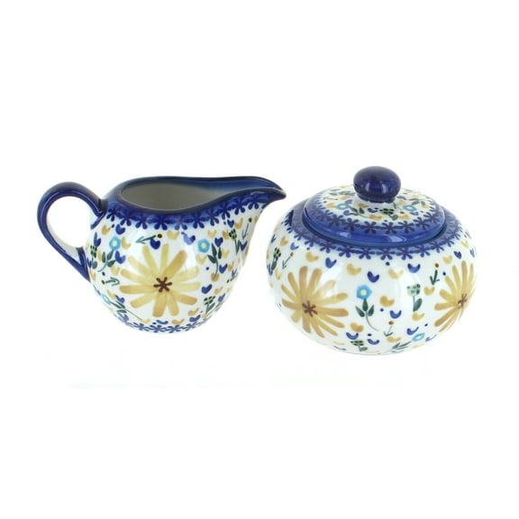 Blue Rose Polish Pottery Yellow Daisy Sugar Bowl & Creamer Set