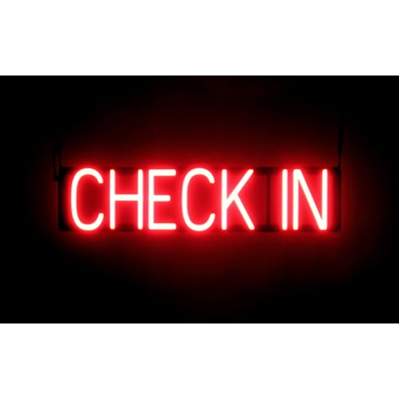 SpellBrite CHECK IN LED Sign for Business. 27.3" x 6.3" Red CHECK IN Sign Has Neon Sign Look With Energy Efficient LED Light Source. Visible from 500  Feet, 8 Animation Settings.