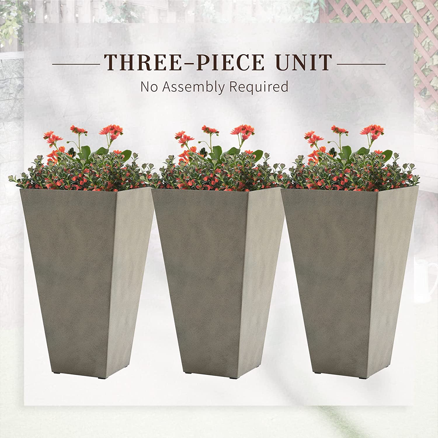 AINUO Set of 3 Tall Planters, 28 Inch Outdoor Flower Plant Pots with Drainage Holes, Indoor Outdoor Planters for Porch, Patio and Deck, Gray